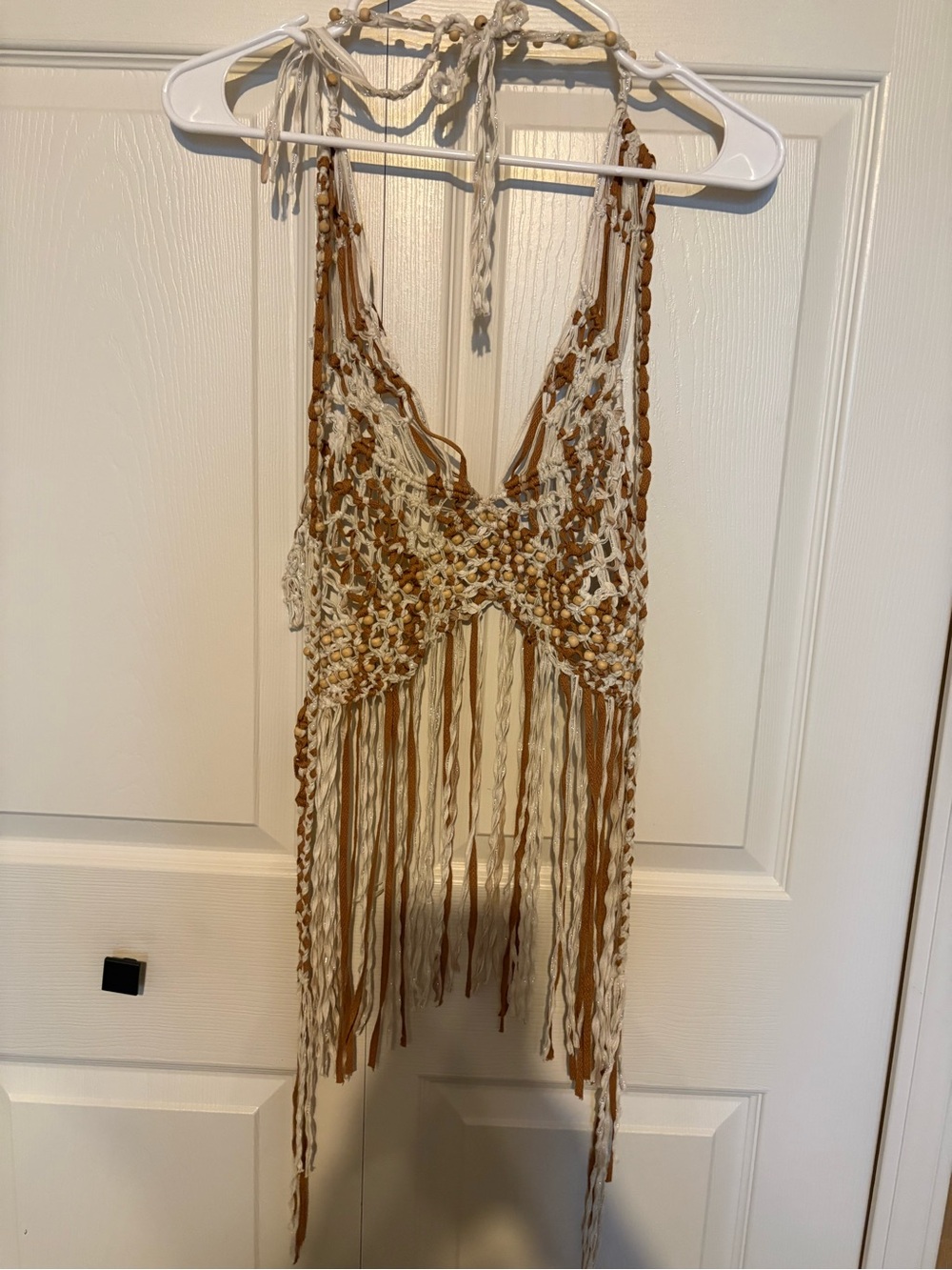 Free People Crochet Fringe Halter in Cream and Brown - Picture 2 of 4